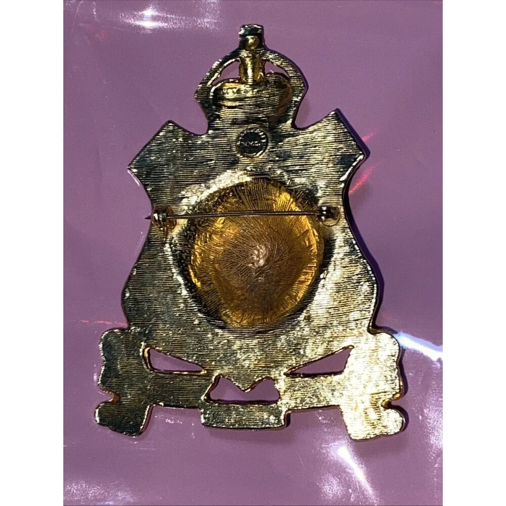 Lion Shield Enamel Brooch Pin Gold Green Enamel Metal Animal Crest Needs Repair